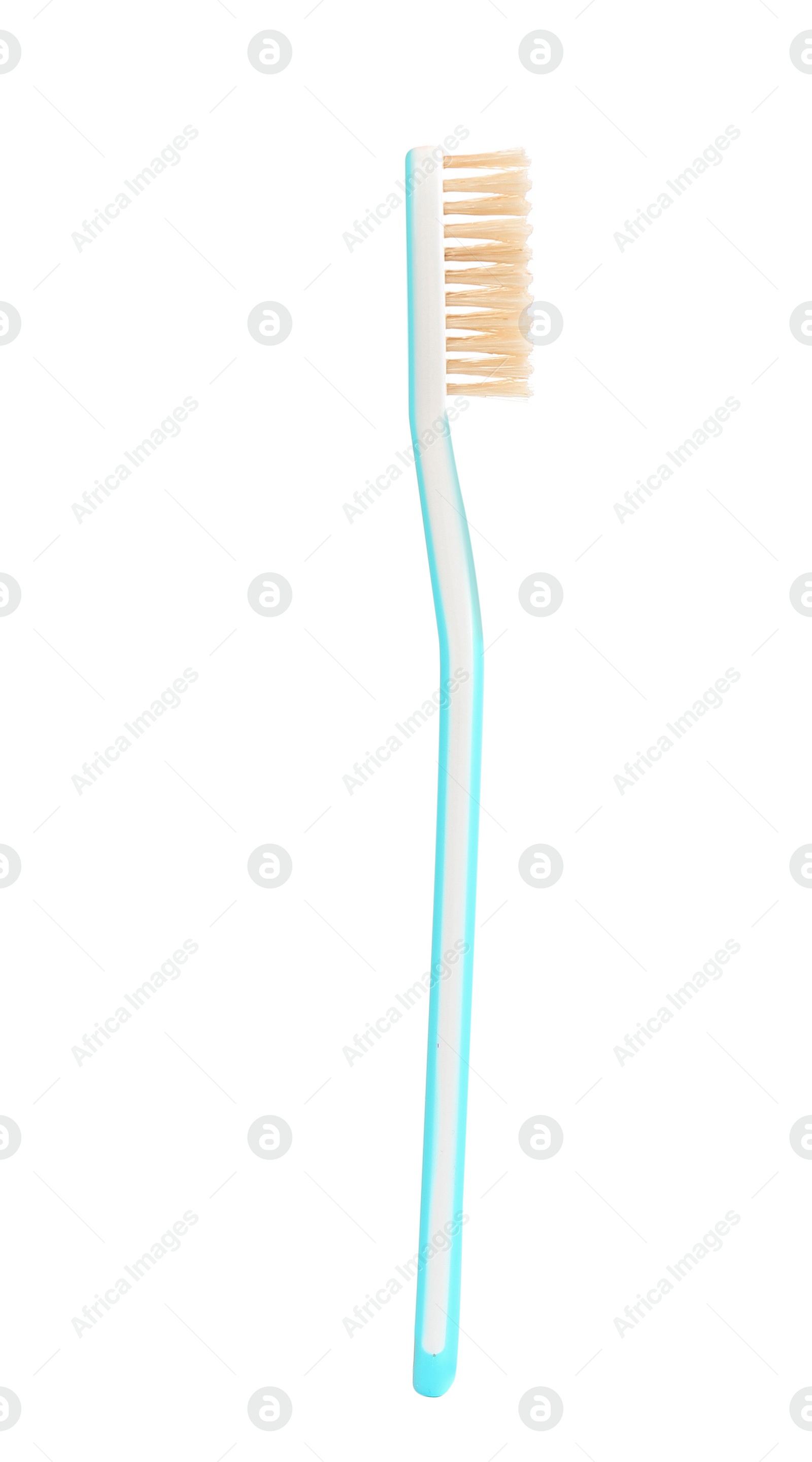 Photo of Natural bristle toothbrush with blue handle isolated on white