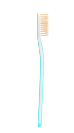 Photo of Natural bristle toothbrush with blue handle isolated on white
