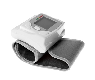 Photo of Digital blood pressure monitor on white background. Cardiology equipment