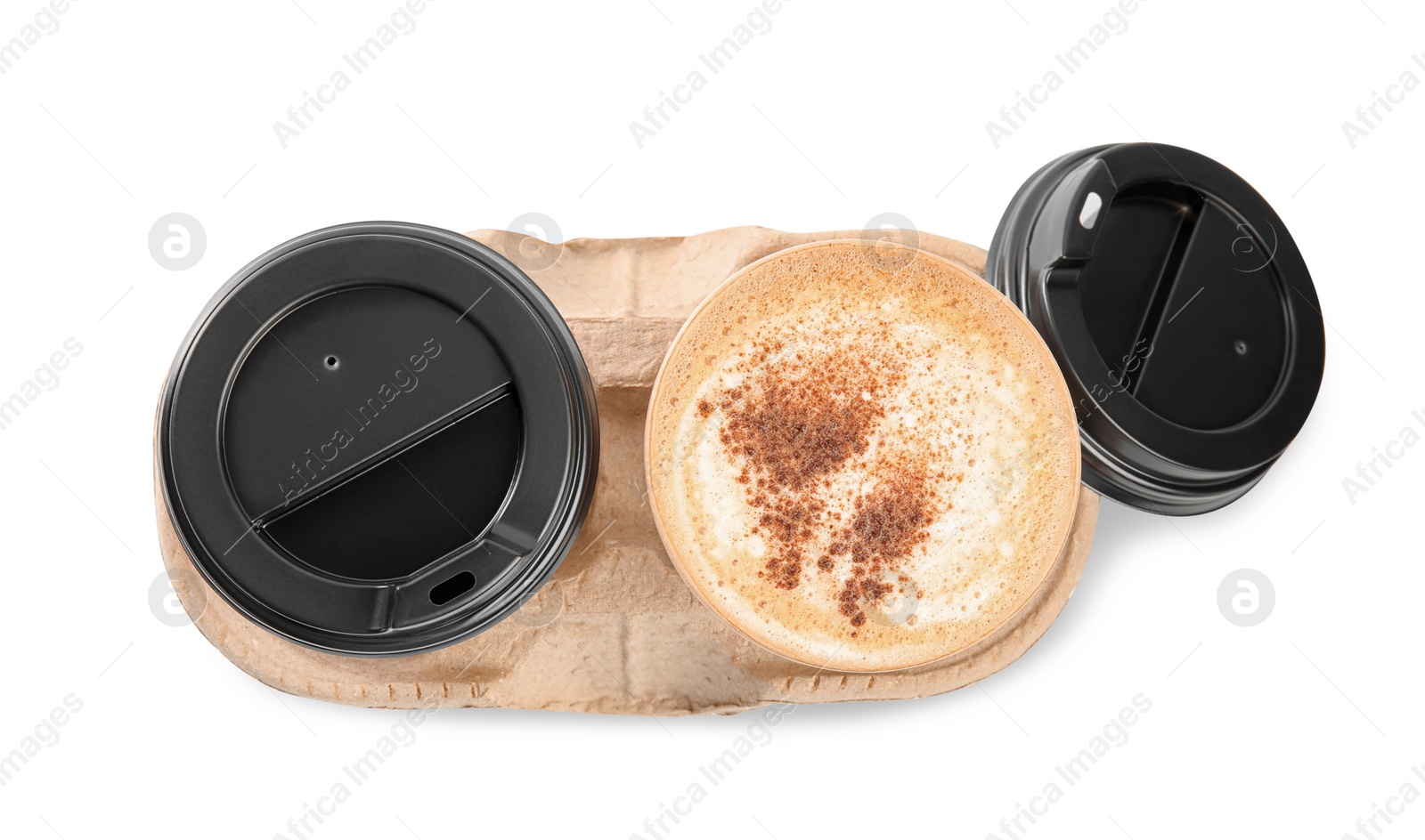 Photo of Takeaway paper cups with coffee in cardboard holder on white background, top view