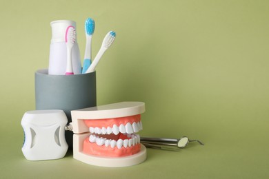 Photo of Tooth model and oral care products on green background. Space for text