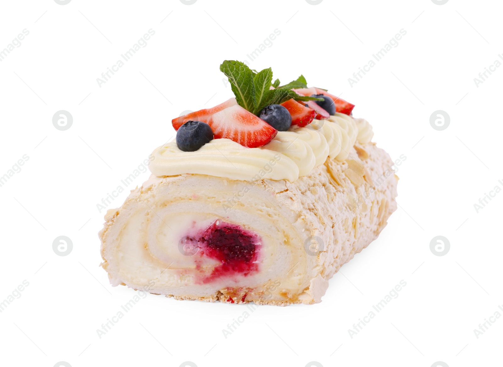 Photo of Tasty meringue roll with jam, berries and mint leaves isolated on white