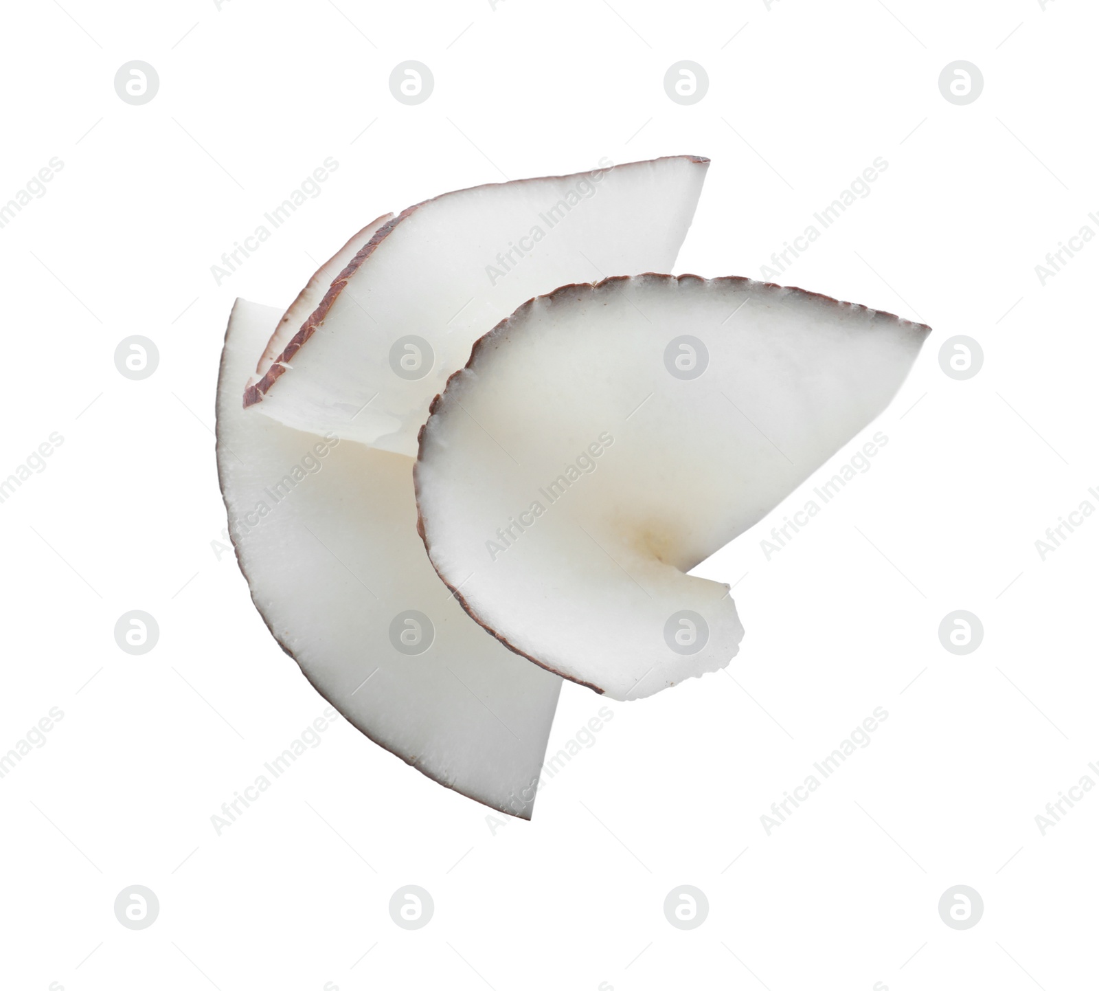 Photo of Tasty fresh coconut flakes isolated on white, top view