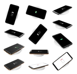 Image of Collage with wireless chargers and smartphones on white background