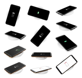 Collage with wireless chargers and smartphones on white background