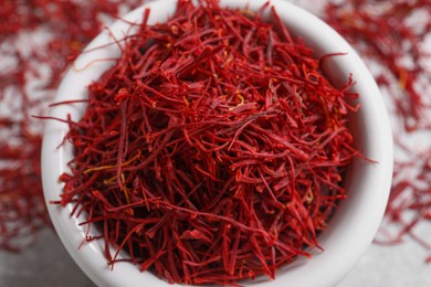 Aromatic dried saffron on table, top view