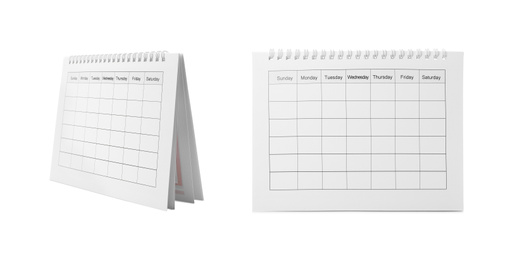 Collage of paper calendar on white background