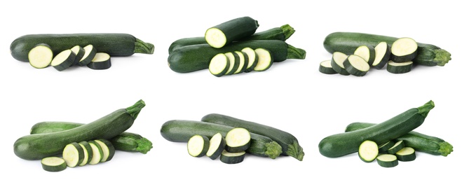 Image of Set of cut and whole fresh zucchinis on white background. Banner design