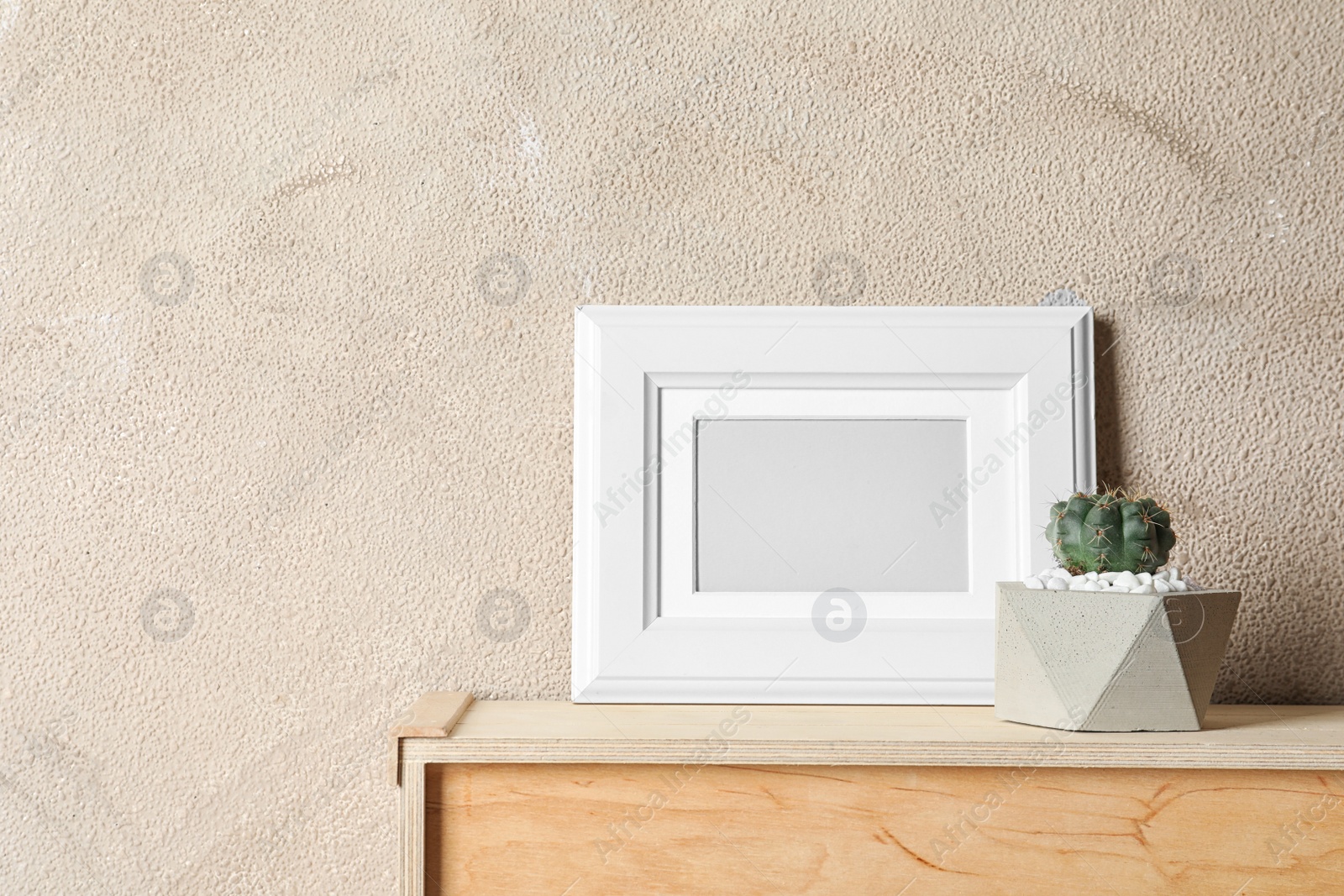 Photo of Blank frame and succulent plant on wooden cabinet near brown wall, space for design. Home decor