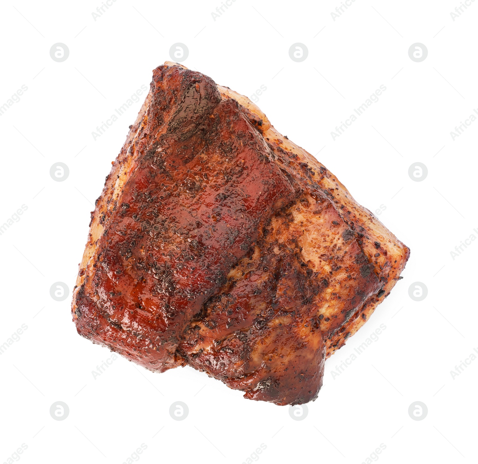 Photo of Piece of tasty baked pork belly isolated on white, top view