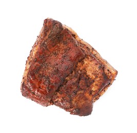 Photo of Piece of tasty baked pork belly isolated on white, top view