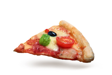 Hot pizza Diablo slice on white background. Image for menu or poster