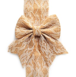 Photo of Bow and strip of burlap fabric with lace on white background