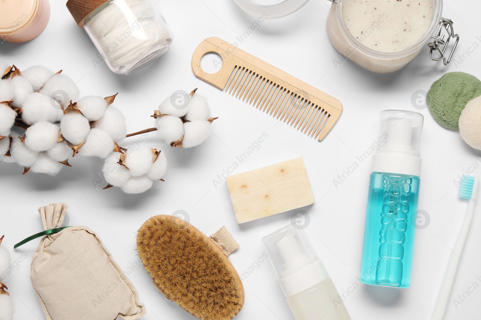 Photo of Bath accessories. Flat lay composition with personal care products on white background