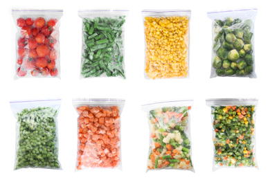Image of Set of different frozen vegetables in plastic bags on white background, top view
