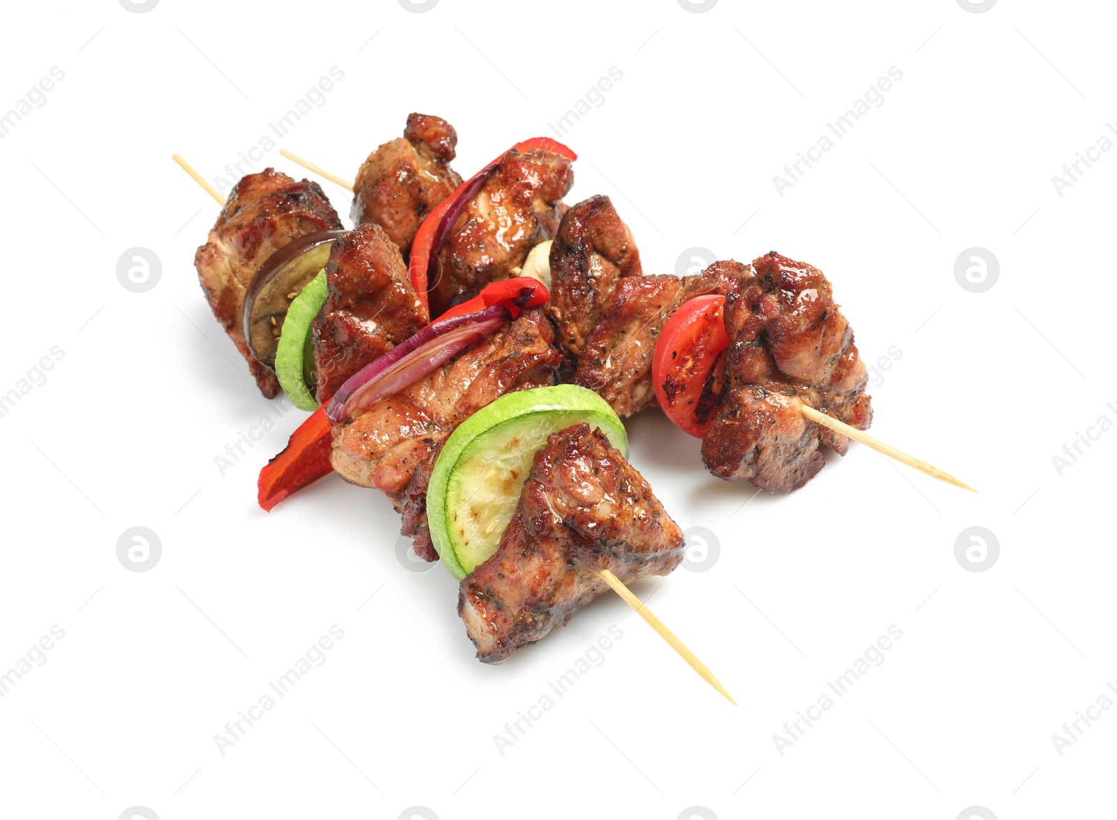 Photo of Delicious shish kebabs with vegetables isolated on white