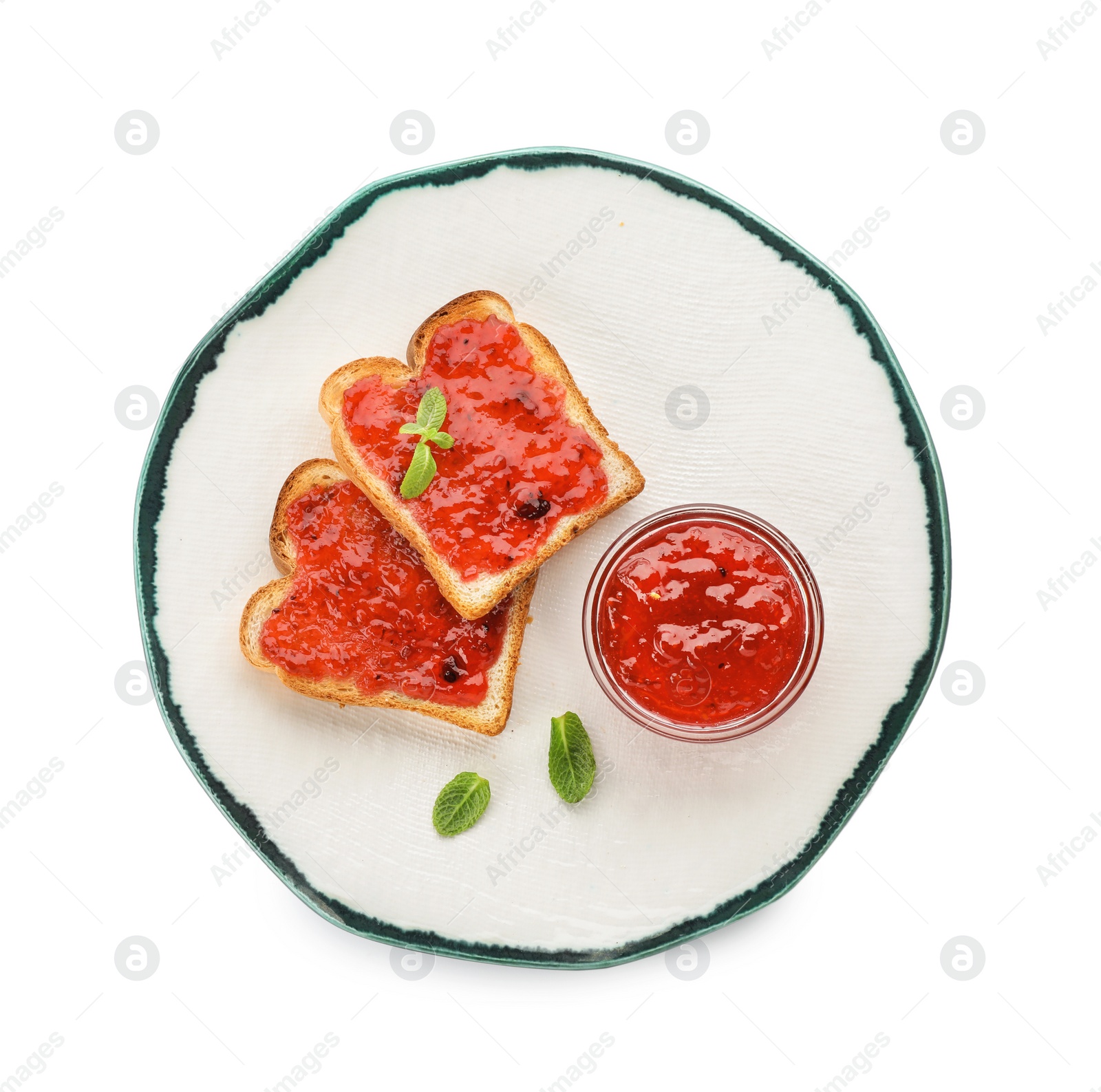 Photo of Toasts with jam on plate, isolated on white