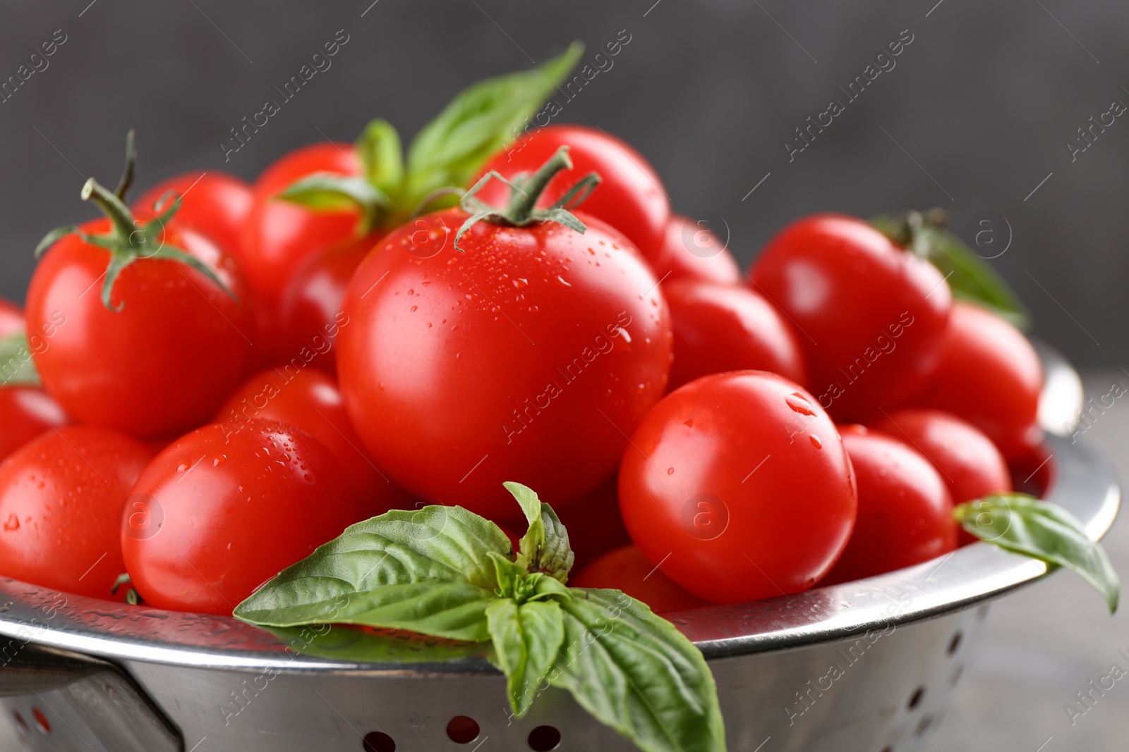 Photo of Fresh ripe tomatoes and basil leaves in colander against blurred background, closeup