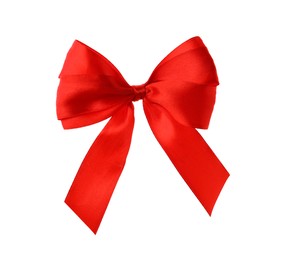 Photo of Red ribbon bow isolated on white. Festive decoration