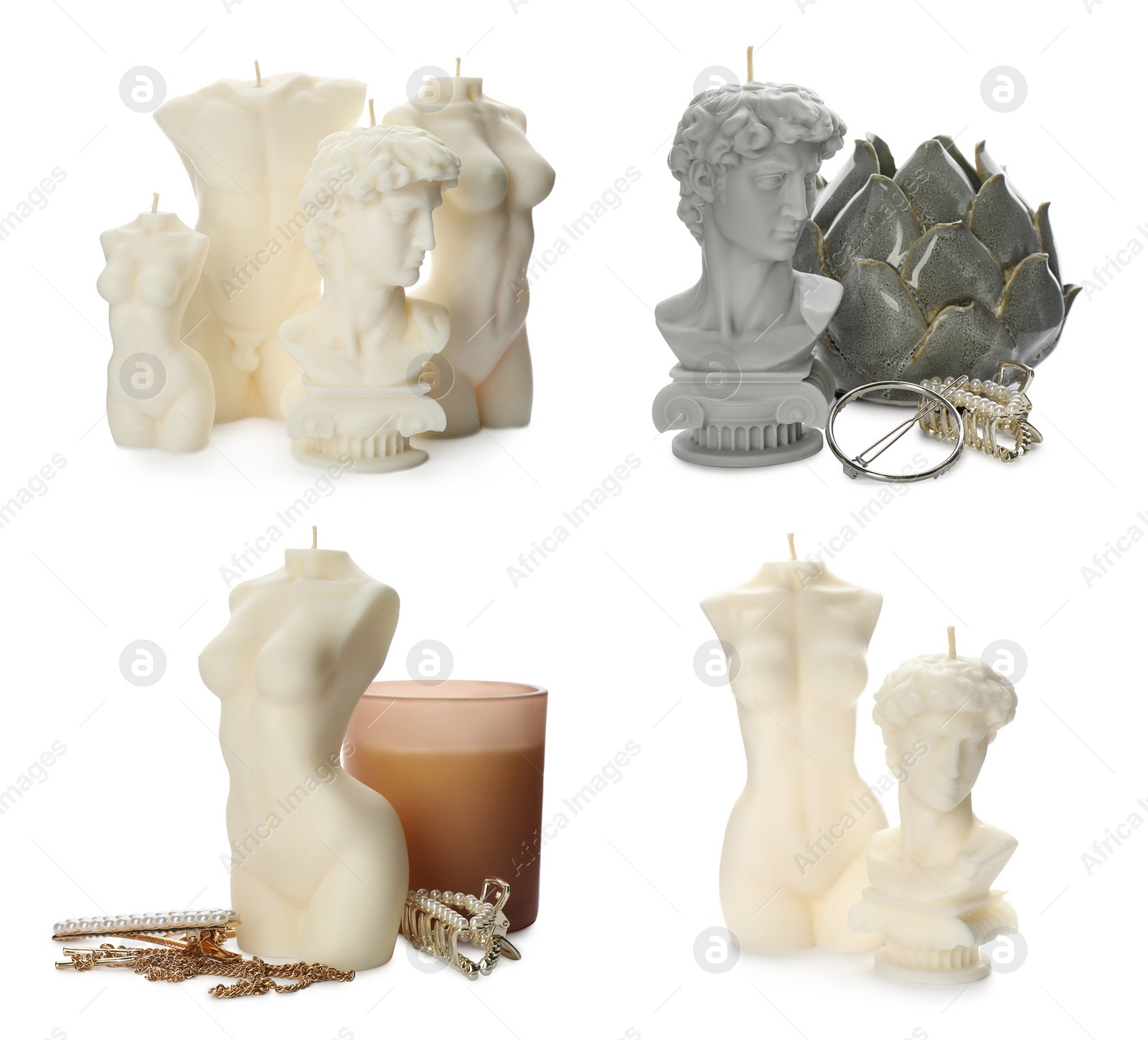 Image of Collection of beautiful sculptural candles on white background