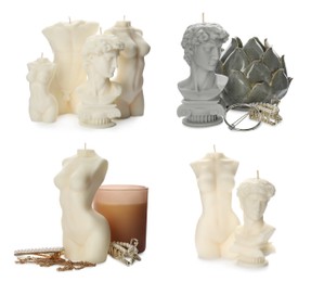 Collection of beautiful sculptural candles on white background