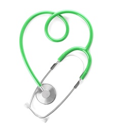 Stethoscope folded in shape of heart on white background, top view