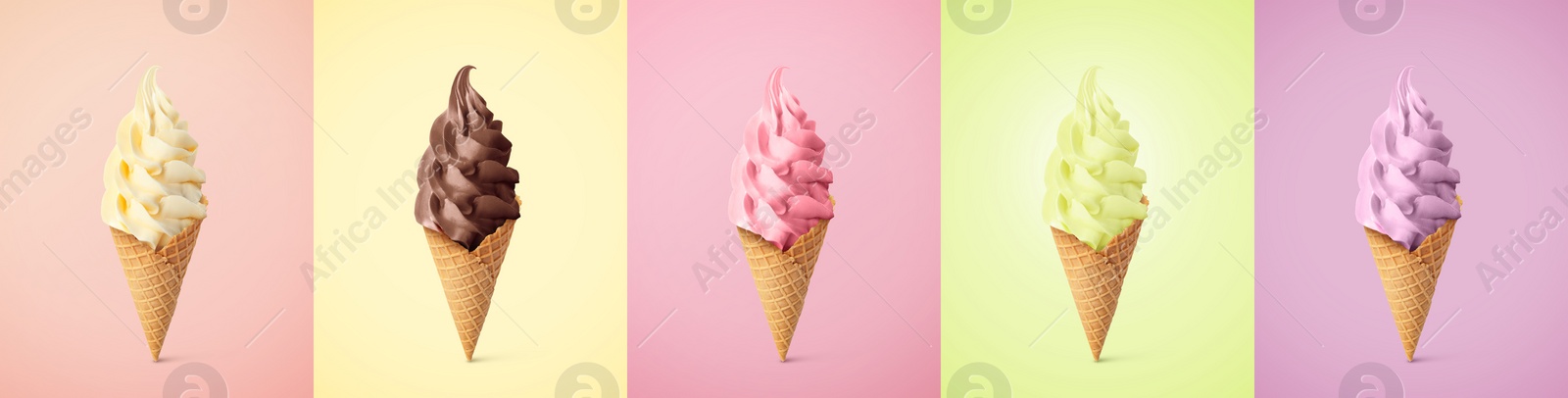 Image of Set of different delicious soft serve ice creams in crispy cones on pastel color backgrounds