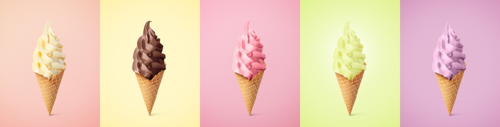 Image of Set of different delicious soft serve ice creams in crispy cones on pastel color backgrounds
