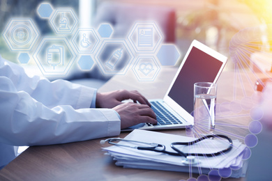 Science technology concept. Professional doctor working on laptop in office, closeup