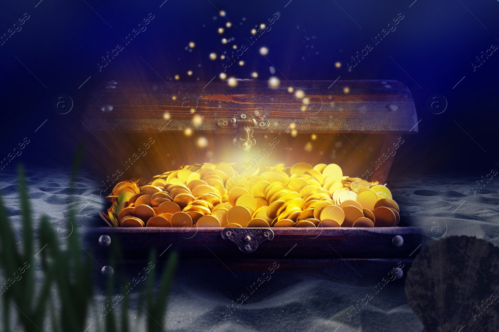 Image of Open treasure chest with gold coins on sand seabed