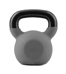 Photo of One metal kettlebell isolated on white. Sports equipment