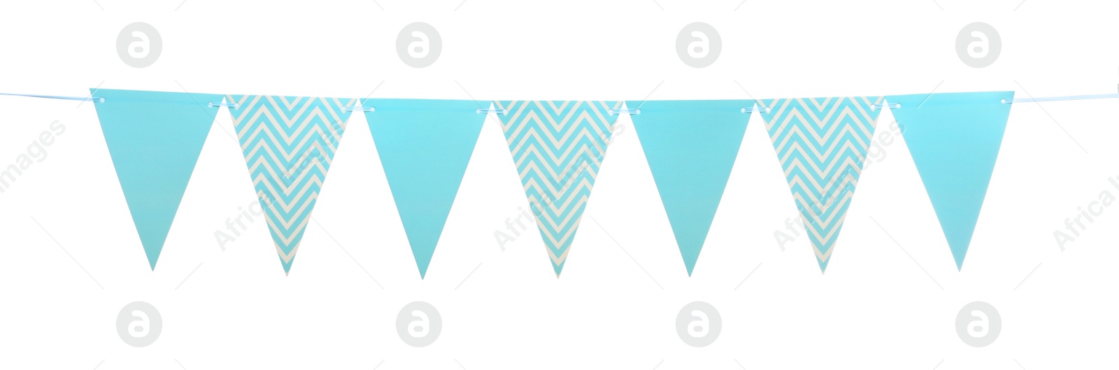 Photo of Triangular bunting flags on white background. Festive decor