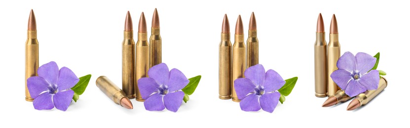 Image of Set of bullets and beautiful flowers on white background. Banner design