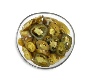 Photo of Slices of pickled green jalapenos in glass bowl isolated on white, top view