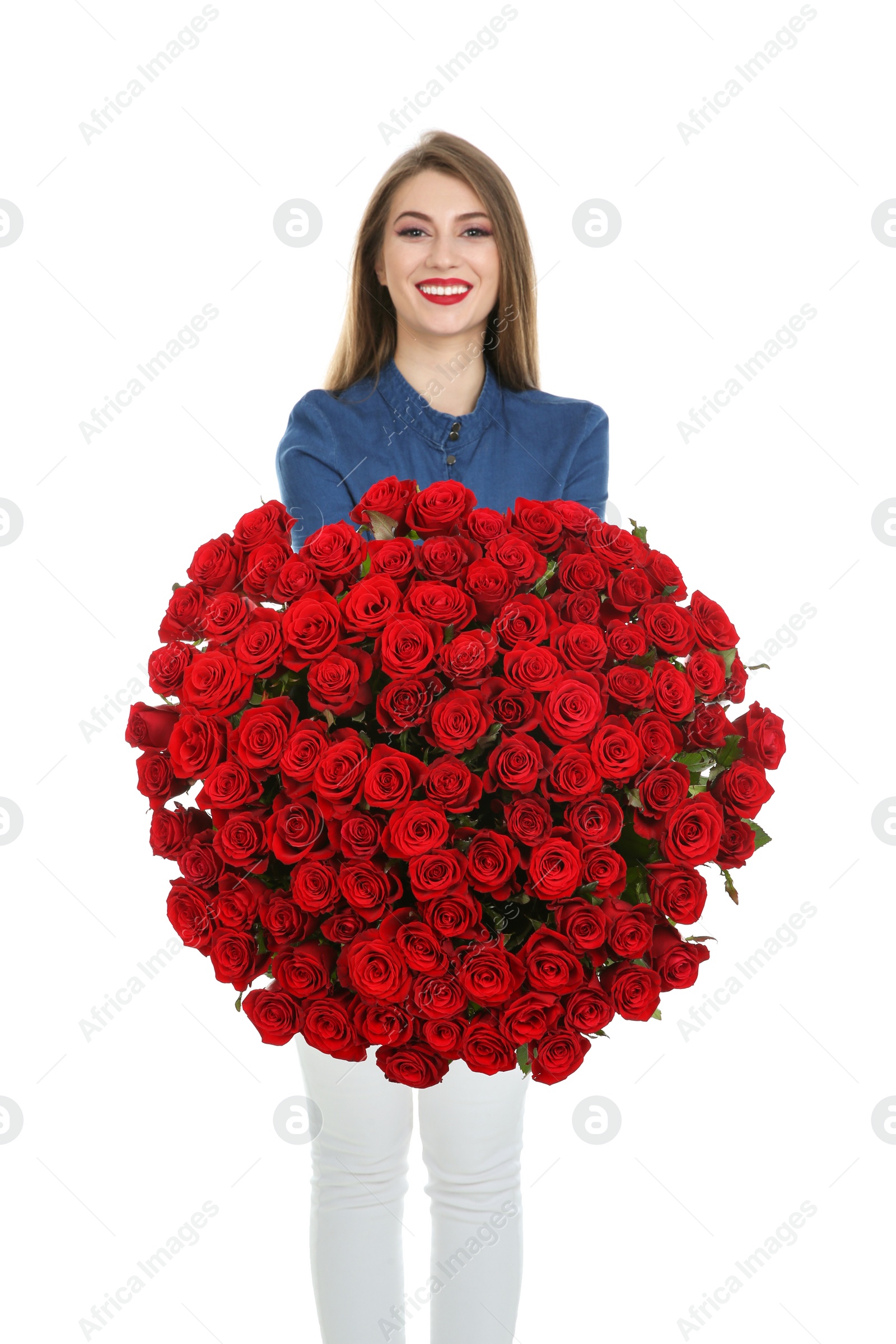 Photo of Beautiful young woman with bouquet of roses on white background