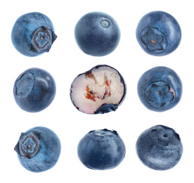 Image of Set of fresh blueberries on white background