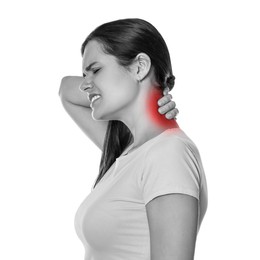 Image of Woman suffering from rheumatism on white background. Black and white effect with red accent in painful area