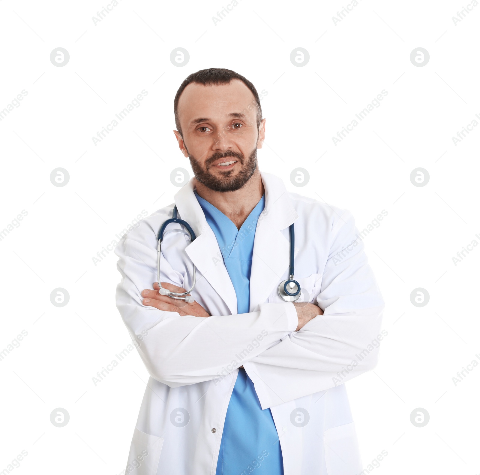 Photo of Portrait of male doctor isolated on white. Medical staff