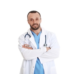 Portrait of male doctor isolated on white. Medical staff