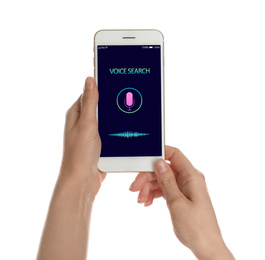 Image of Woman using voice search on smartphone against white background, closeup