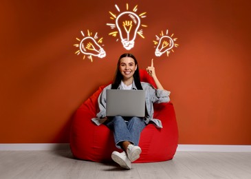 Idea generation. Woman with laptop in room. Illustrations of glowing light bulb over her