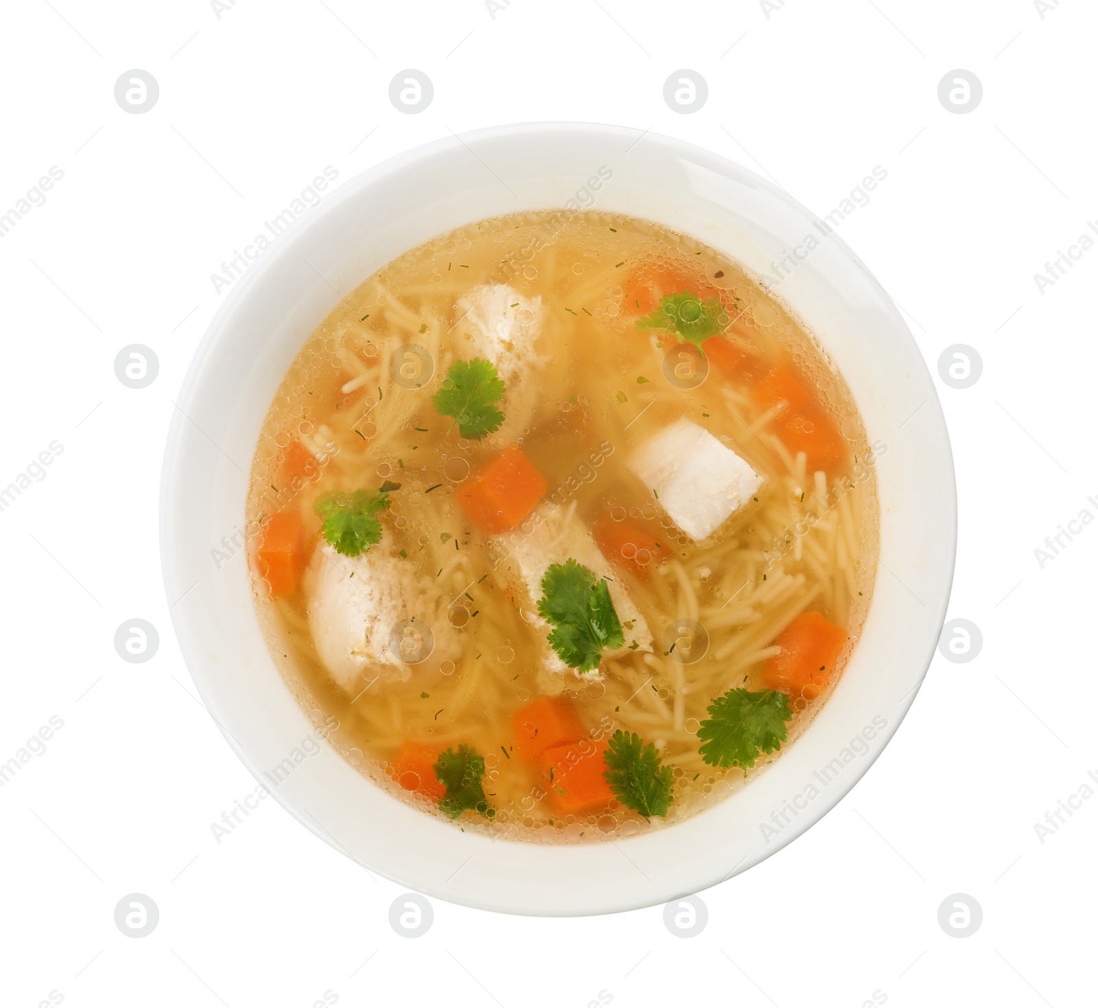 Photo of Dish with fresh homemade chicken soup on white background, top view