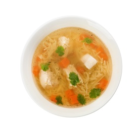 Photo of Dish with fresh homemade chicken soup on white background, top view