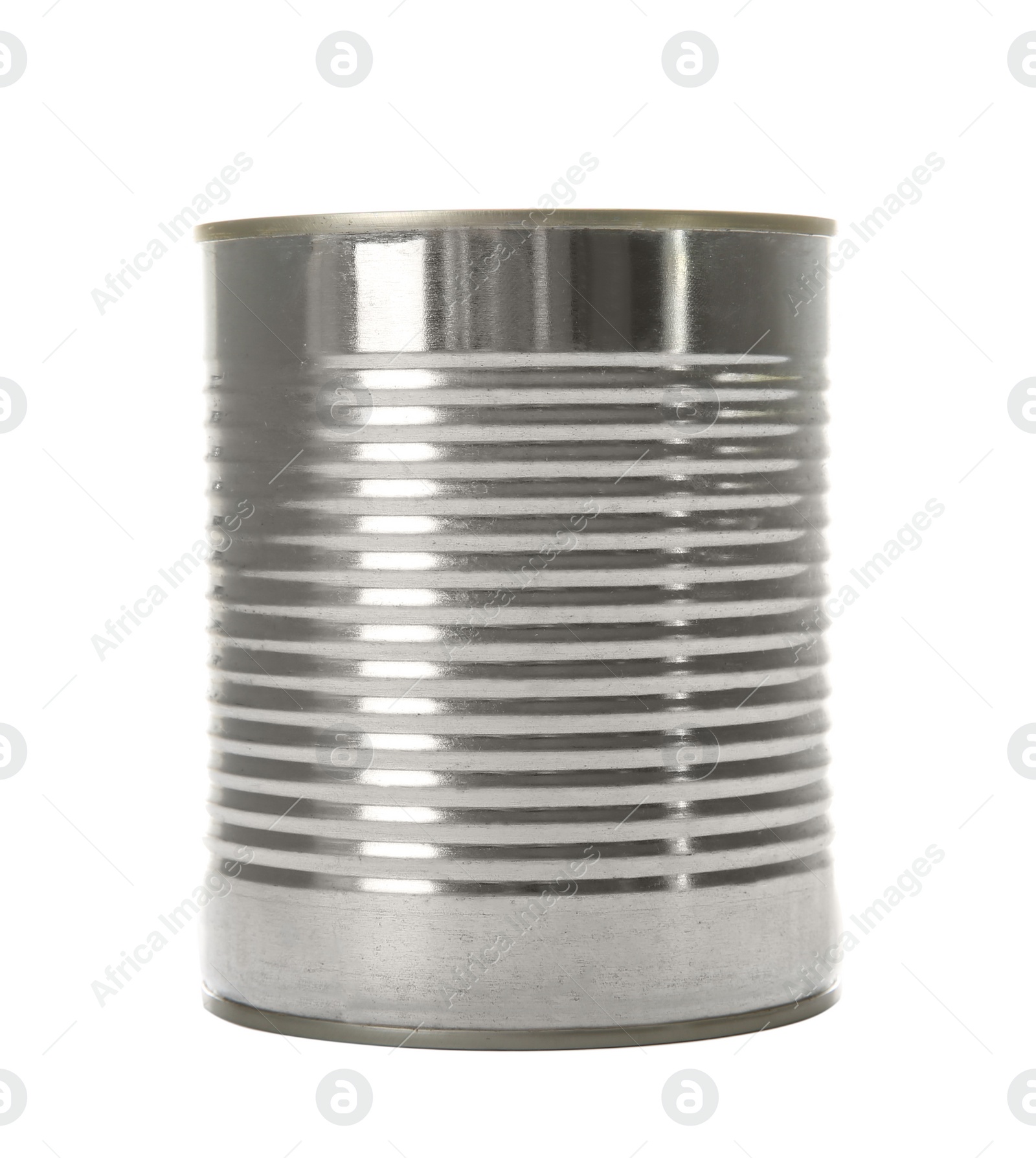 Photo of Closed tin can isolated on white, mockup for design