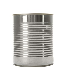 Photo of Closed tin can isolated on white, mockup for design