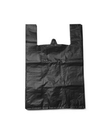 Photo of Stack of black plastic bags isolated on white, top view