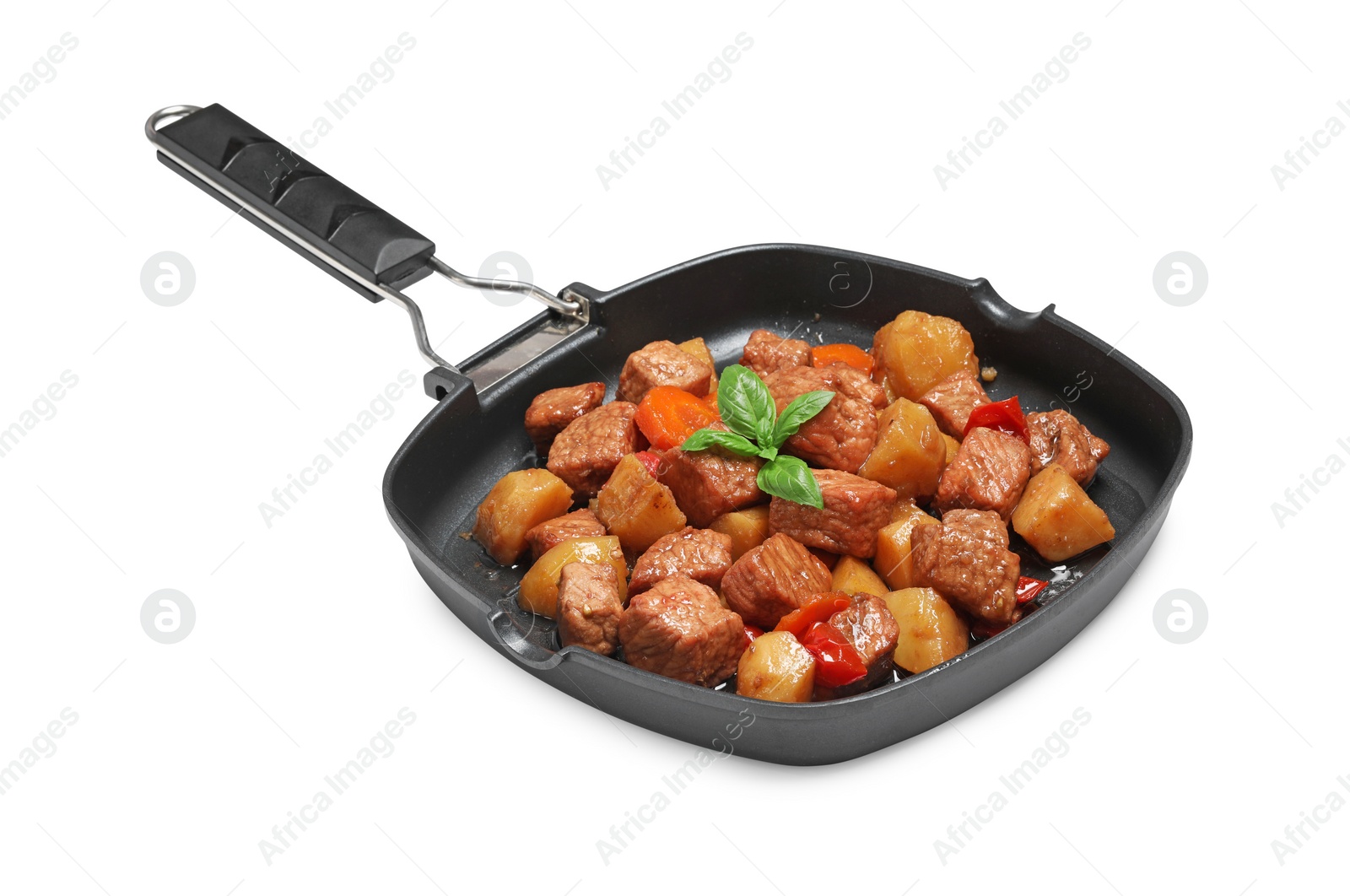 Photo of Grill pan with delicious goulash isolated on white