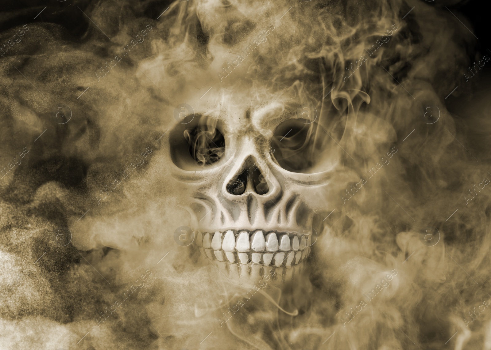 Image of Scary skull emerging from smoke in darkness