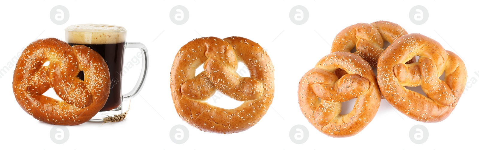 Image of Set with tasty freshly baked pretzels on white background. Banner design