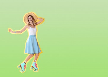 Image of Pop art poster. Young woman with retro roller skates on green gradient background, pin up style